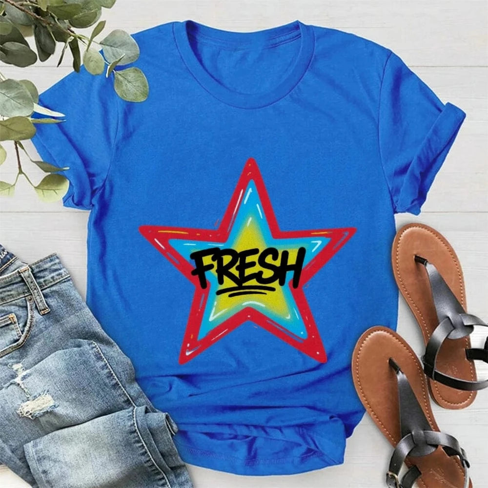 Blue / S Graffiti Style FRESH Colorful Star Graphic Tee Casual White T-Shirt with Vibrant Gradient Star Design for Trendy Urban Fashion