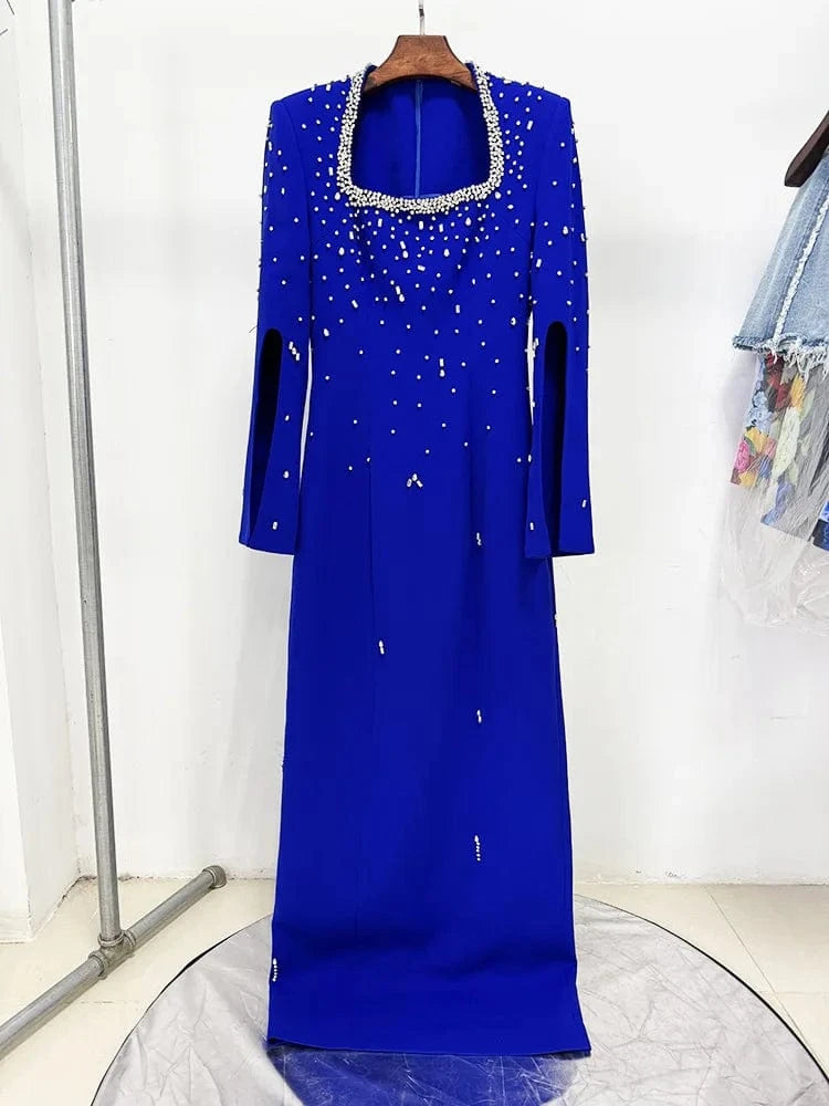 Blue / S HIGH STREET Newest Fashion 2025 Designer Party Vestido Women's Diamonds Beaded Slit Sleeve Long Maxi Dress