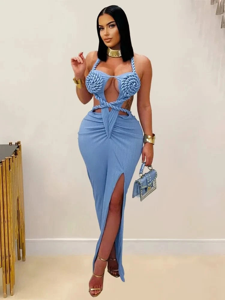 Blue / S Joskaa Women's 2025 Summer Knit Halter Dress Sexy Hollow Backless Slit Bodycon Maxi Dresses Holiday Party Club Beachwear S-XXL