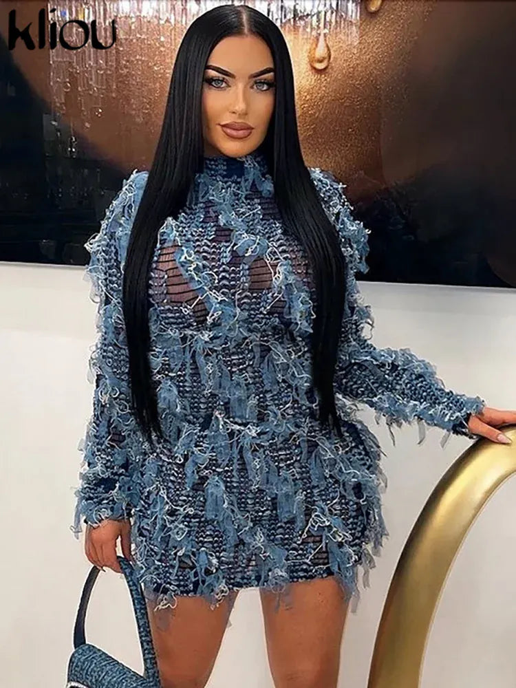 Blue / S kliou Ruched Patchwork Mini Dress Women Striped Stacked Autumn Full Sleeve Crew Neck Holes Chic Bodycon Female Trend Streetwear