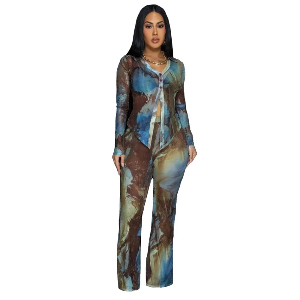 Blue / S Spring Summer 2025 Women Clothing Mesh Tie Dye Print Long Sleeve Lace-up Shirts and Flared Pants Suit Women's Casual 2 Piece Set
