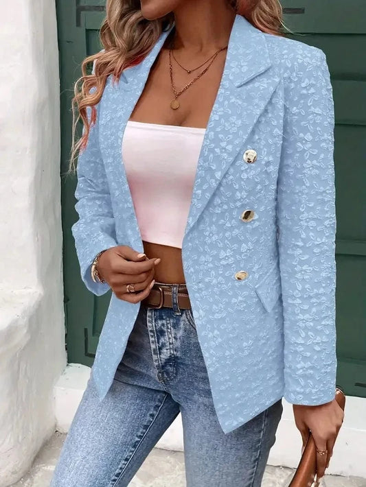 Blue / S Women Fashion Blue  Blazer Jacket 2024 New Office Lady Double Breasted Pockets Vintage Female Coat 