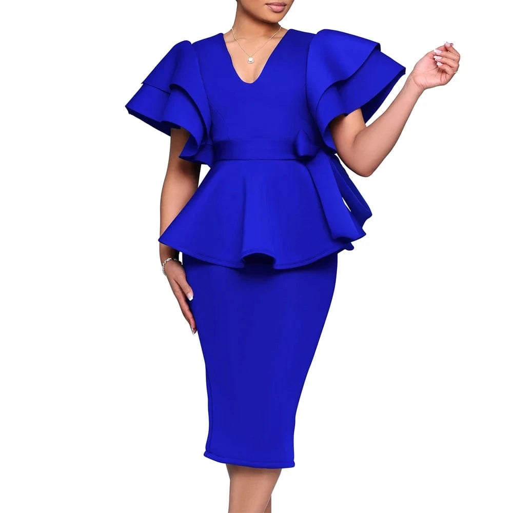 Blue / S Women Short Sleeve V-Neck Ruffle Sleeve Peplum Bodycon Midi Dress 2025 Latest Fashion Summer African OL Work Evening Party Dress