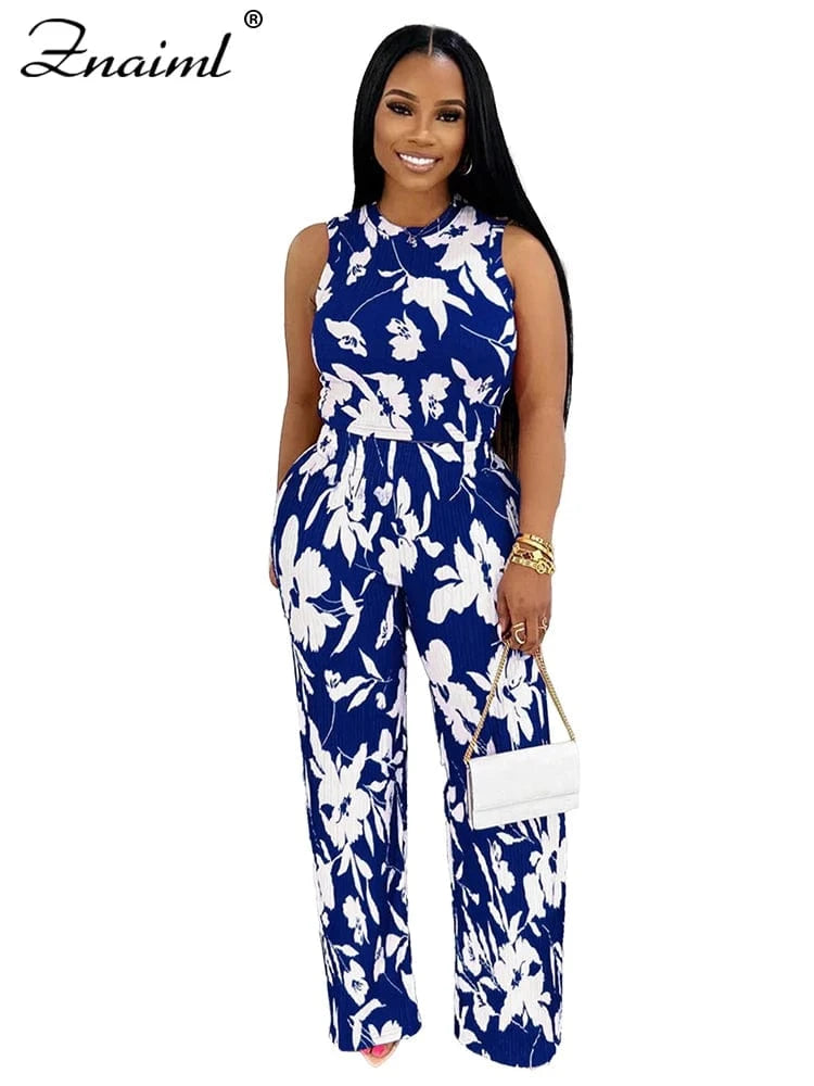 blue sets / XXL Znaiml Elegant Vacation Flowers Print O-Neck Tank Tops and Straight Wide Leg Pants 2 Pieces Women Sets Summer Birthday Outfits