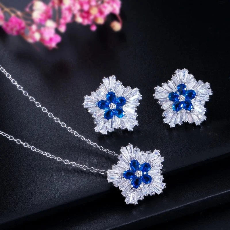 Blue-T0037-Lan Ladies Fashion Jewelry 3a Cubic Zirconia Snow Flower Pendant Necklace and Stud Earrings Sets for Women Gift