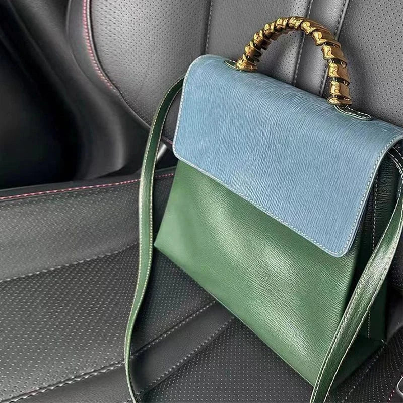Blue to Green / 27x9x22cm Brand Designer Small Square Bag Elegant Blue Green Stitching Fashion Trend Personality Texture Shoulder Bag Pu Leather Handbag