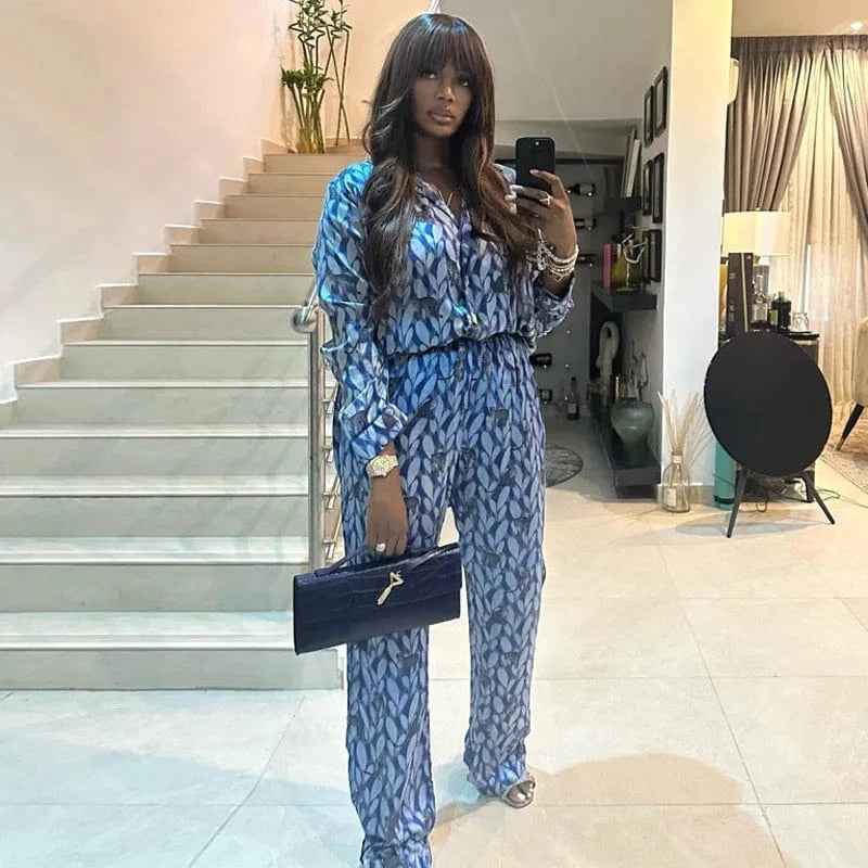 blue / XXL Pant Set Women Two Piece Sets Print Loose Casual Matching Sets Y2k Streetwear Shirt Tops Wide Leg Long Pants High Waist 2025