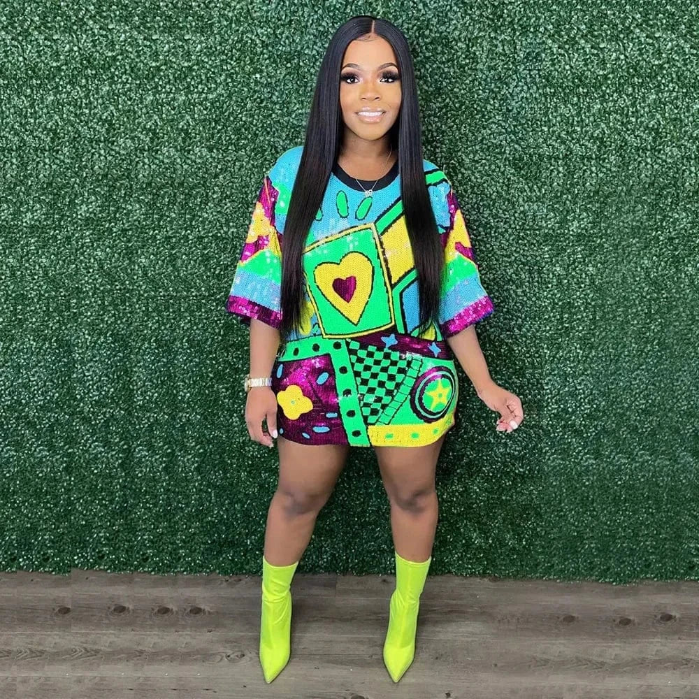 Blue / XXL Women O Neck Loose Mini Dress Shirt Fashion Casual Sequined Printed Long Sleeve Party Club Dress