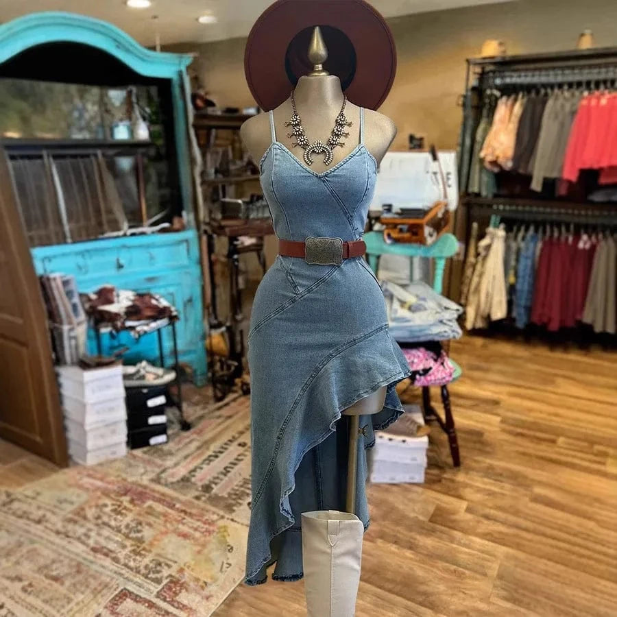 Blue / XXL Women's Denim Dress Sleeveless V-neck Jeans Irregular Hem Slim Slit Long Skirt Fashion Sexy Ruffles High Street Sleeveless Dress