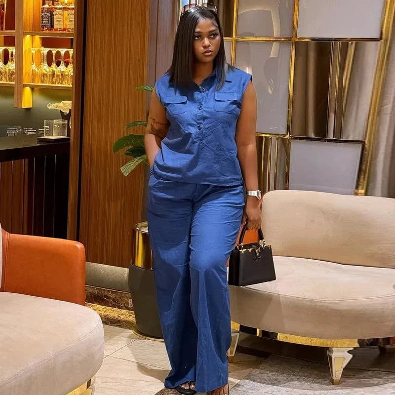 blue / XXL Women Two Piece Sets Pant Set Matching Sets Sleeveless Single Breasted Tops Vests Wide Leg Long Pants Casual Loose 2025 Y2k