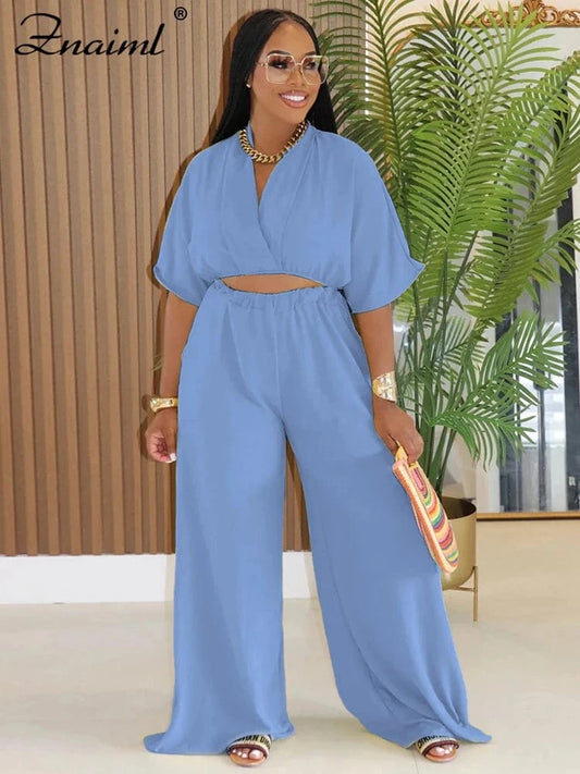 Blue / XXL Znaiml Fashion Women's 2-Piece Set Solid V-Neck Crop Top And Wide Leg Pants Casual Streetwear for Autumn Loose Tracksuis 2025