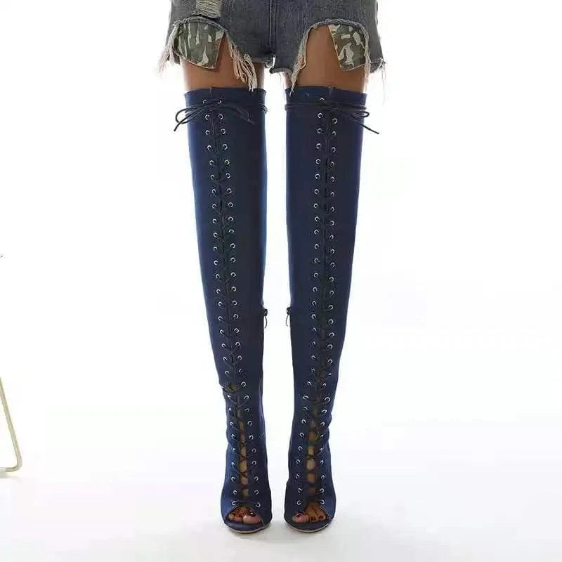 BOBOYU design open toe over the knee thigh high lace up denim boots sexy stripper shoes