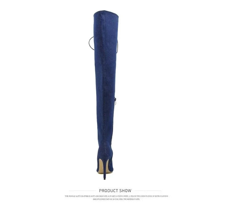 BOBOYU design open toe over the knee thigh high lace up denim boots sexy stripper shoes