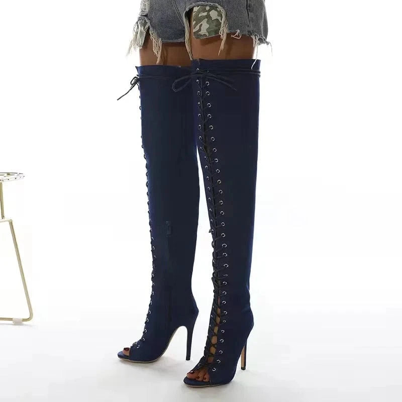 BOBOYU design open toe over the knee thigh high lace up denim boots sexy stripper shoes