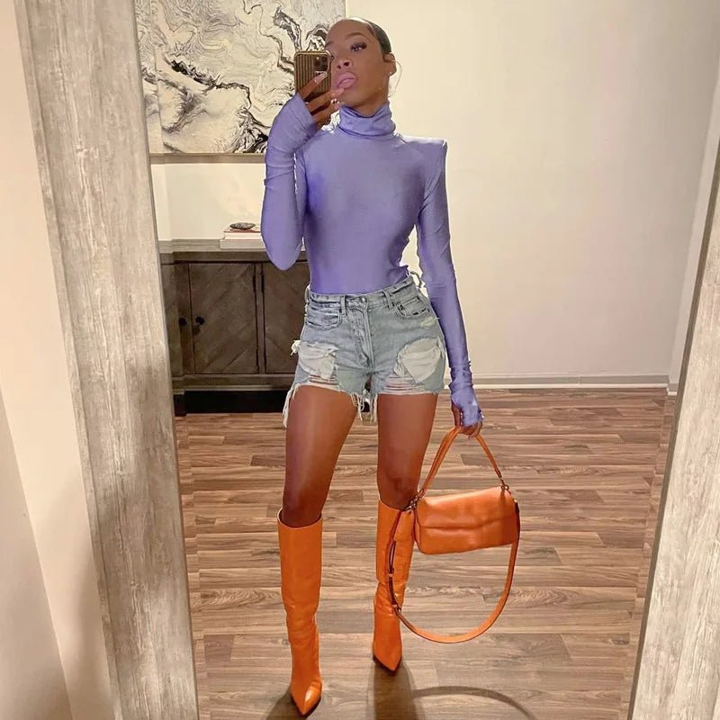 Bodysuit + Shoulder Padded Turtleneck + Winter Glam Club Wear Silhouette With Figure Flattering Fit - SN Wigs & More