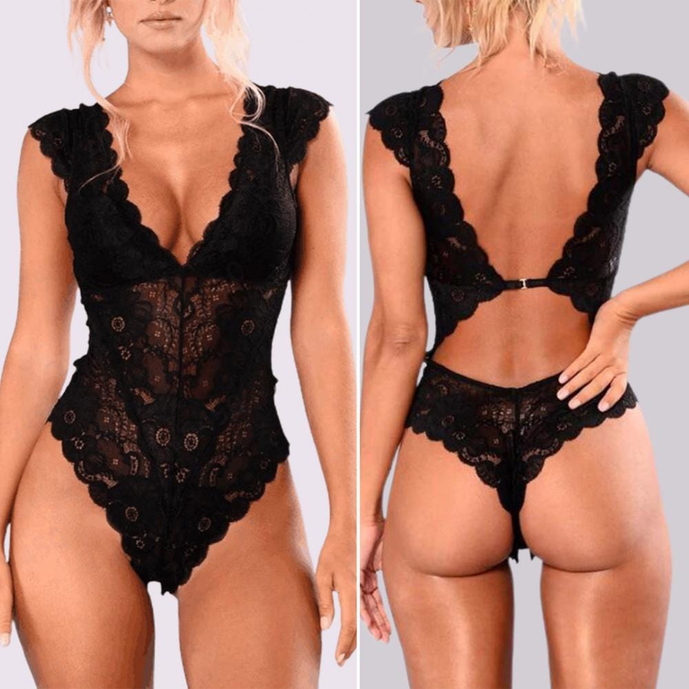 Bodysuit Underwear Lace Backless One Piece See Through Petal Edge Underwear Pajama for Sleeping Transparent Costume Women