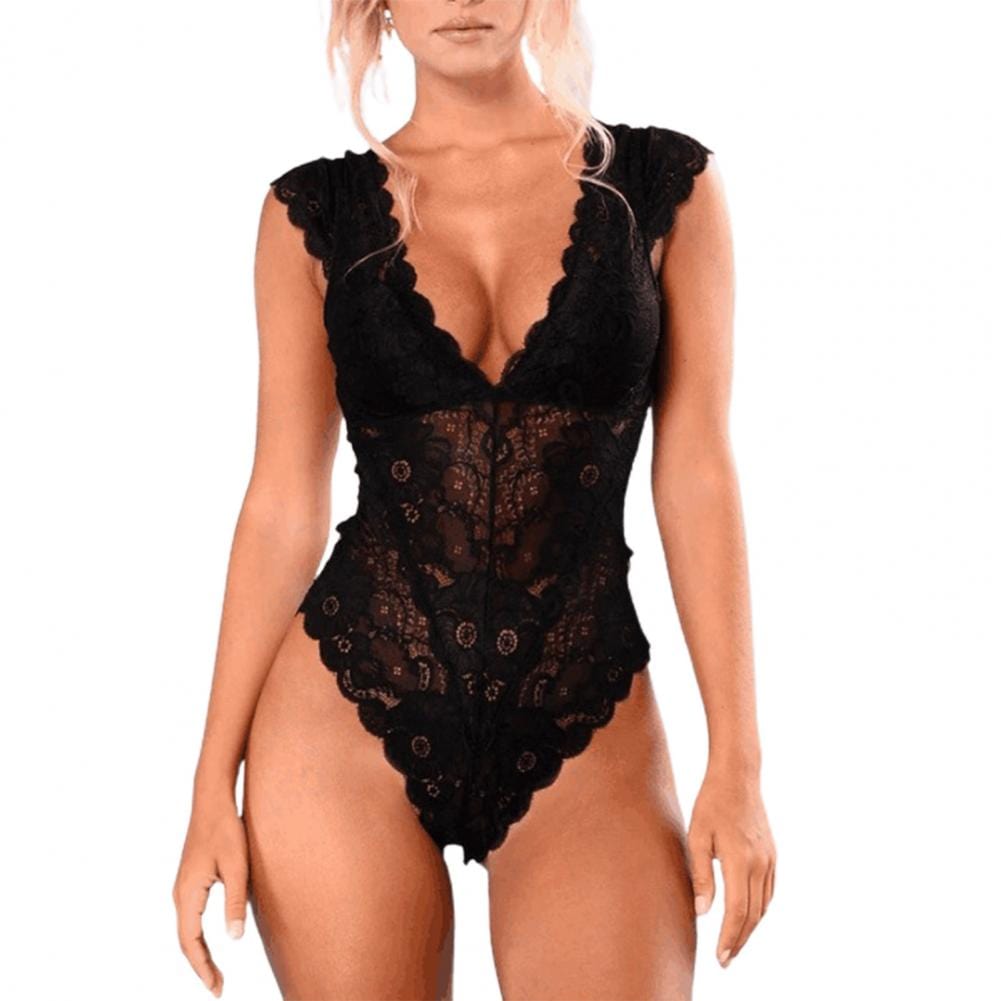 Bodysuit Underwear Lace Backless One Piece See Through Petal Edge Underwear Pajama for Sleeping Transparent Costume Women