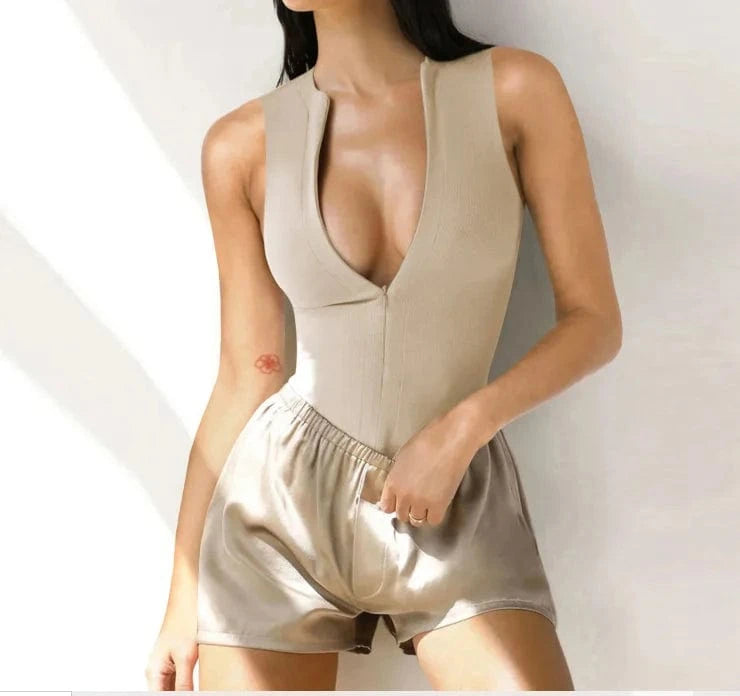 Bodysuits for Women V neck standard collar sleeveless Rayon spandex rib stretchy classic design slim fitting romper bodysuit