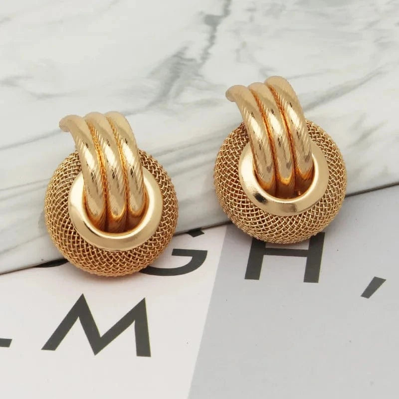 Bohemia Multi-Layer Metal Mesh Round Ear Stud Earrings Gold Color Round Geometric Statement Earrings for Women (KER666)