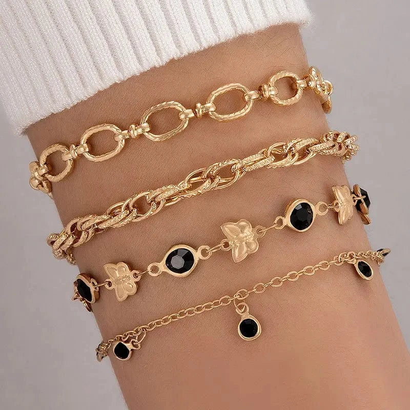 Bohemian Style Black Diamond Bracelet Personalized And Exquisite Butterfly Bracelet 4-Piece Set  Chain Link Bracelet