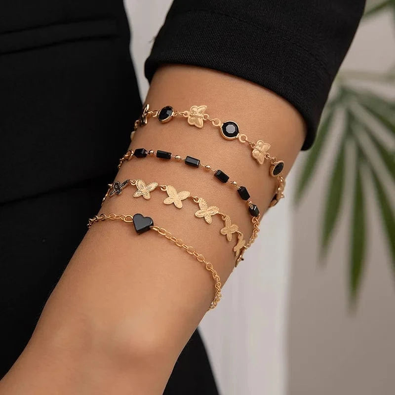 Bohemian Style Black Diamond Bracelet Personalized And Exquisite Butterfly Bracelet 4-Piece Set  Chain Link Bracelet