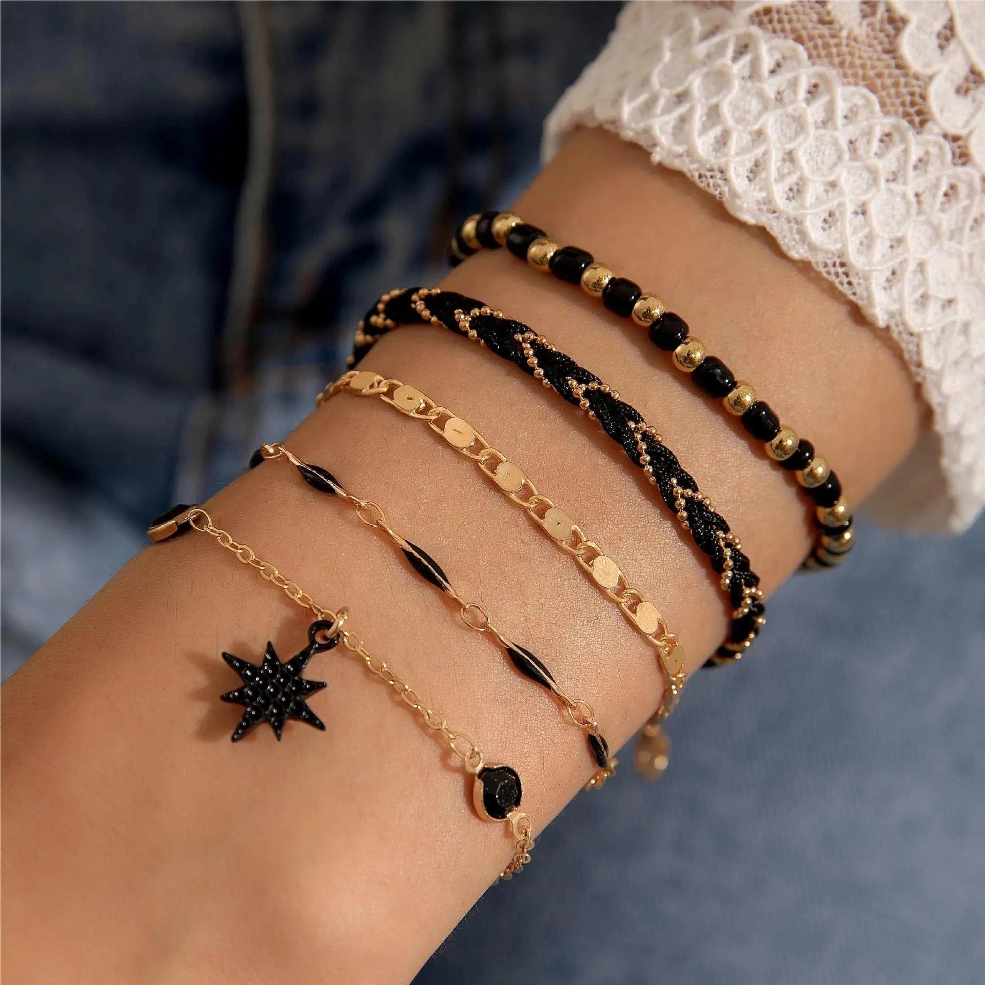 Bohemian Style Black Diamond Bracelet Personalized And Exquisite Butterfly Bracelet 4-Piece Set  Chain Link Bracelet