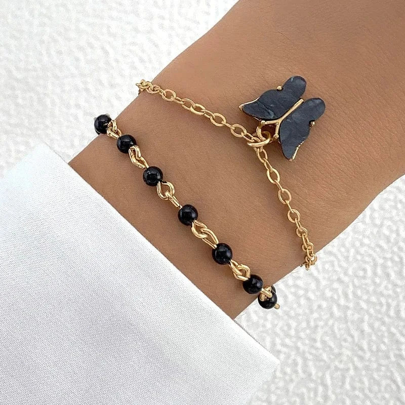 Bohemian Style Black Diamond Bracelet Personalized And Exquisite Butterfly Bracelet 4-Piece Set  Chain Link Bracelet