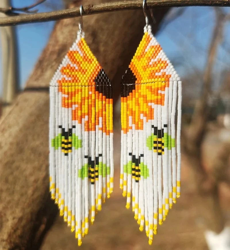 Boho / #01 Drop Shipping DQ Design Seed Beads Sunflower Tassel Earrings Jewelry Glass Beaded Bee Honeycomb Summer Fringe Earring Women Miyuki Handmade