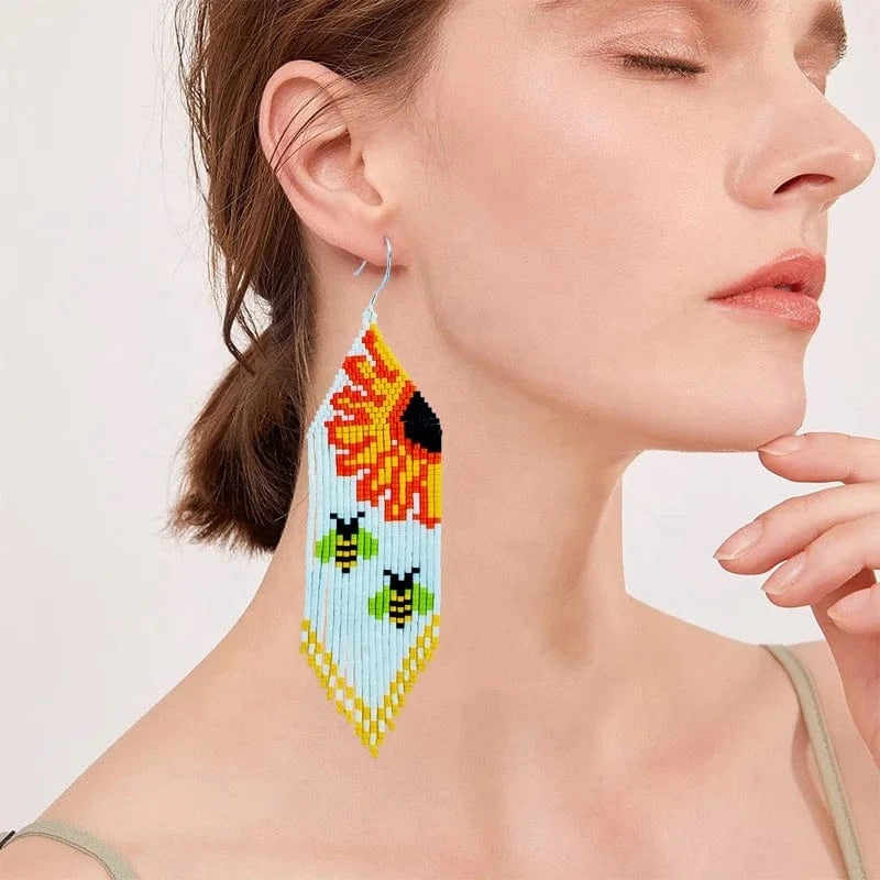 Boho / #01 Drop Shipping DQ Design Seed Beads Sunflower Tassel Earrings Jewelry Glass Beaded Bee Honeycomb Summer Fringe Earring Women Miyuki Handmade