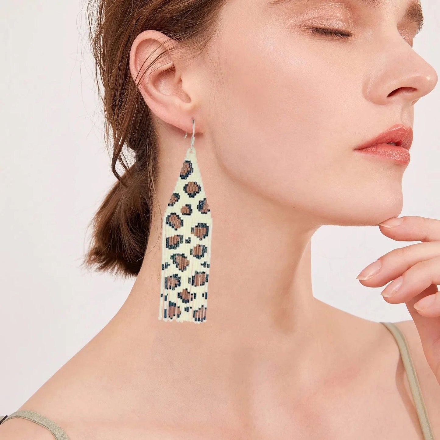 BOHO / #01 Drop Shipping Fashion Boho Handmade Brown Leopard Long Tassel Miyuki Seed Beads Beaded Dangle Earrings Jewelry