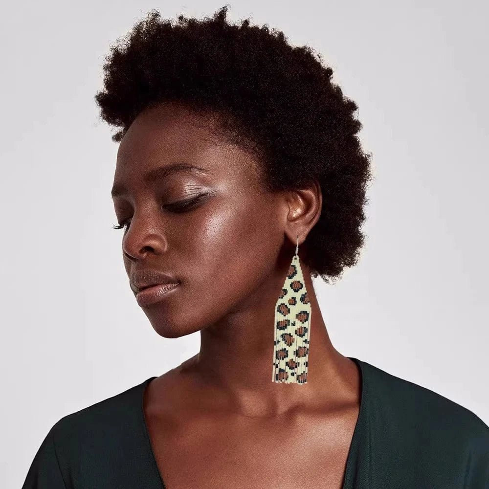BOHO / #01 Drop Shipping Fashion Boho Handmade Brown Leopard Long Tassel Miyuki Seed Beads Beaded Dangle Earrings Jewelry