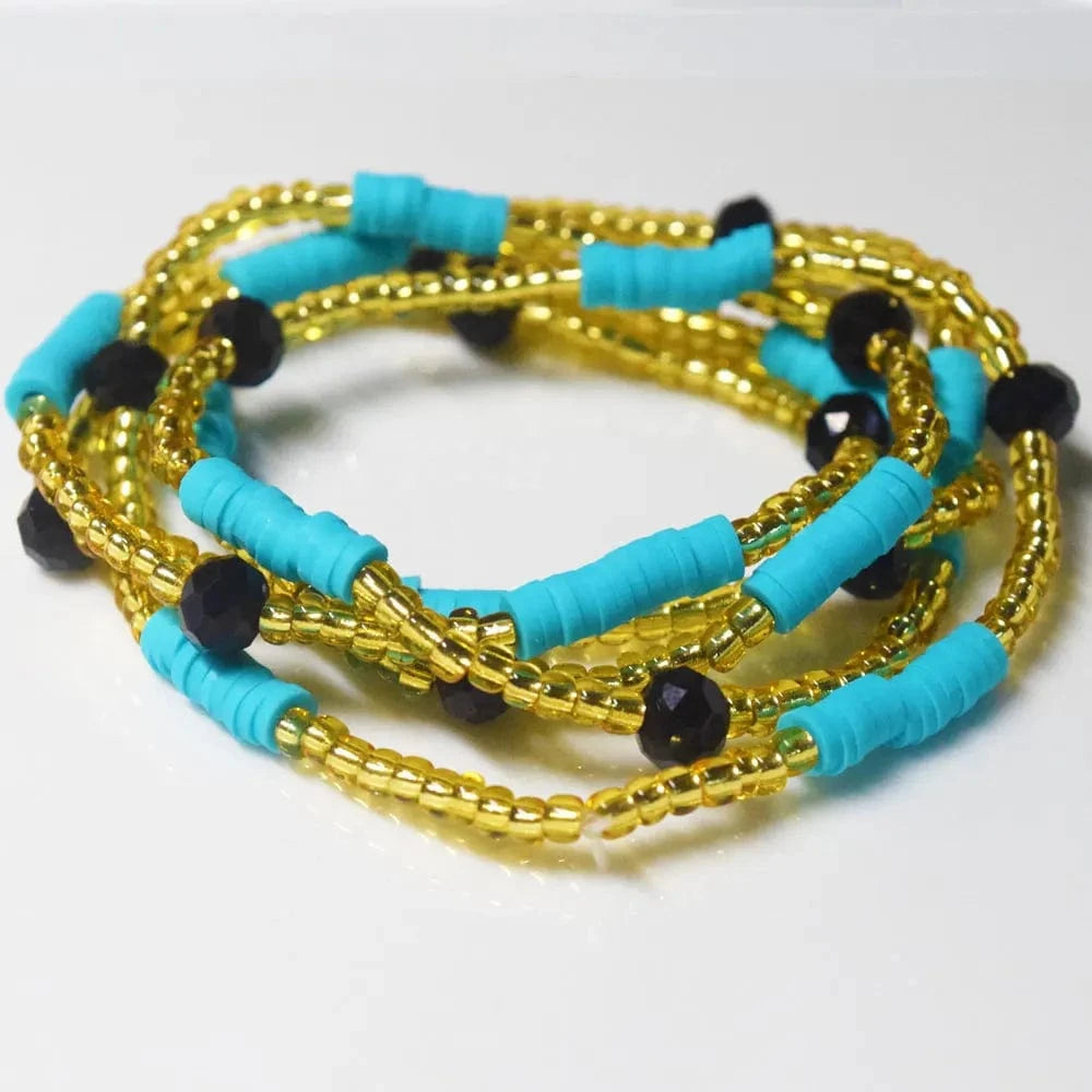 boho / Blue summer fertility african clay crystal waist beads for women elastic stretchy cord beach belly chain body jewelry bikini