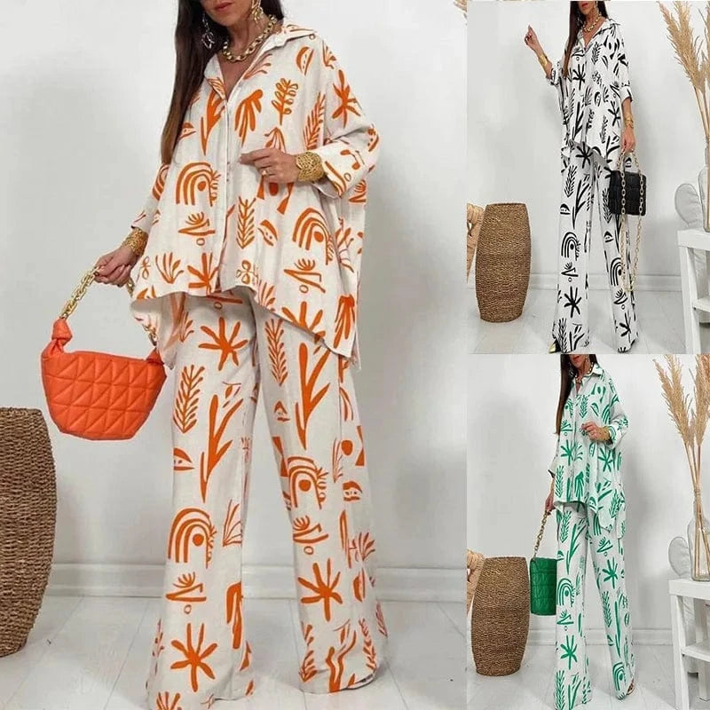 Boho Print 2-Piece Women Pant Pajamas Sets Sexy Top Trouser Summer Women High Waist WideLeg Set 2024 Fashion Sleepwear Home Suit