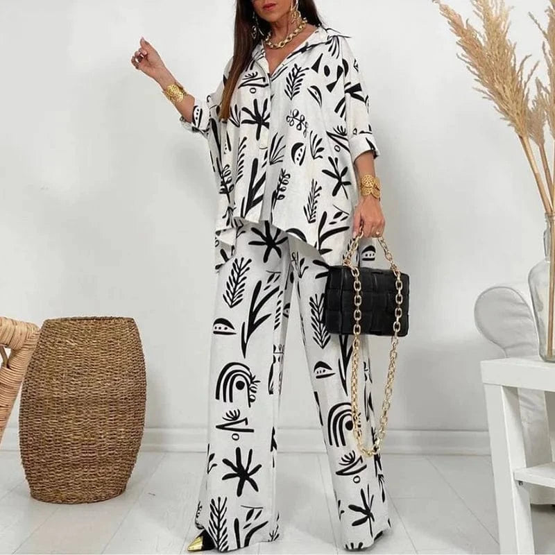 Boho Print 2-Piece Women Pant Pajamas Sets Sexy Top Trouser Summer Women High Waist WideLeg Set 2024 Fashion Sleepwear Home Suit