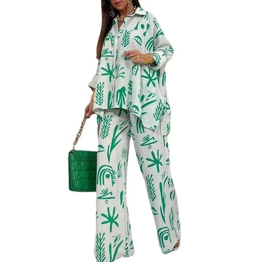 Boho Print 2-Piece Women Pant Pajamas Sets Sexy Top Trouser Summer Women High Waist WideLeg Set 2024 Fashion Sleepwear Home Suit