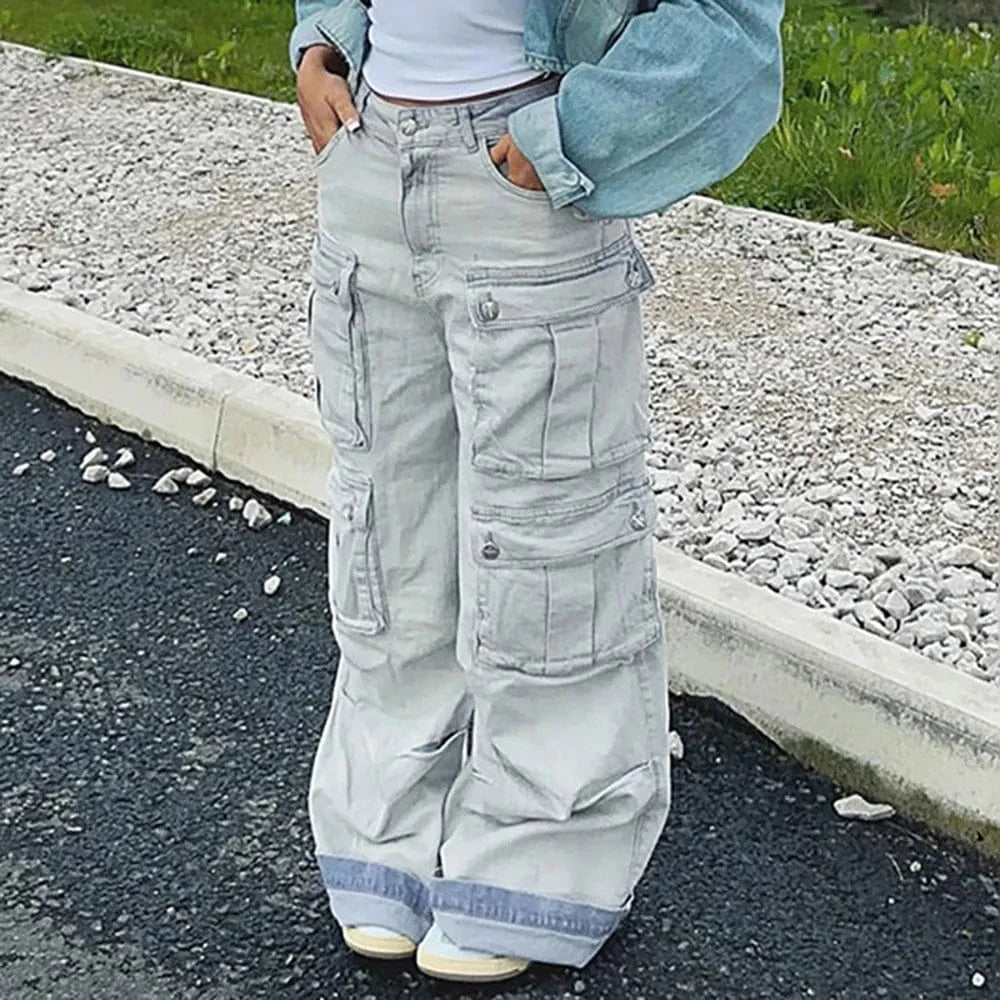 Bomblook ASPT113 2024 Spring Retro Cargo Jeans Women Baggy Jeans Denim Jeans