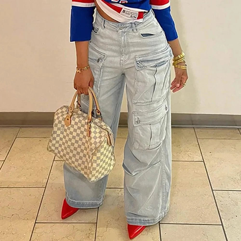 Bomblook ASPT113 2024 Spring Retro Cargo Jeans Women Baggy Jeans Denim Jeans