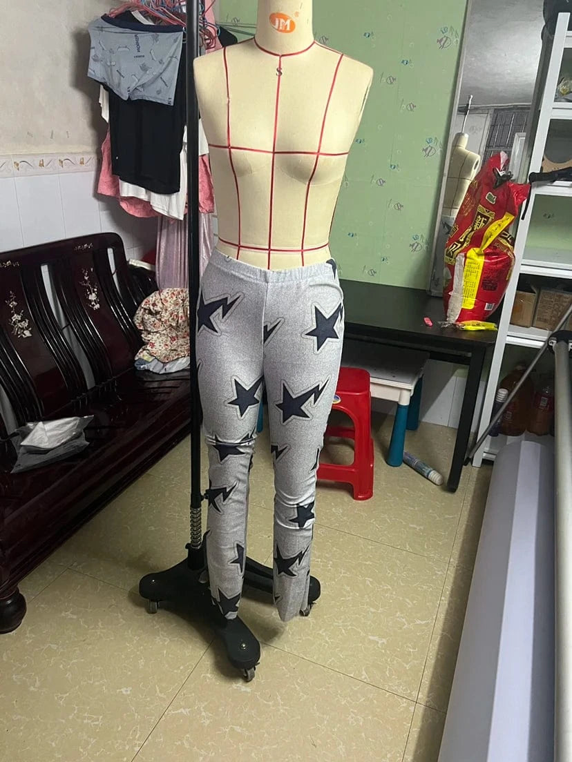 Bomblook ASPT121 Star Emboss Print Sanding Stack Pants Women High Waist Pants Winter Pants Women