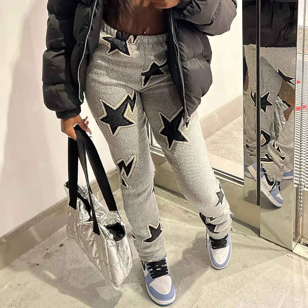 Bomblook ASPT121 Star Emboss Print Sanding Stack Pants Women High Waist Pants Winter Pants Women