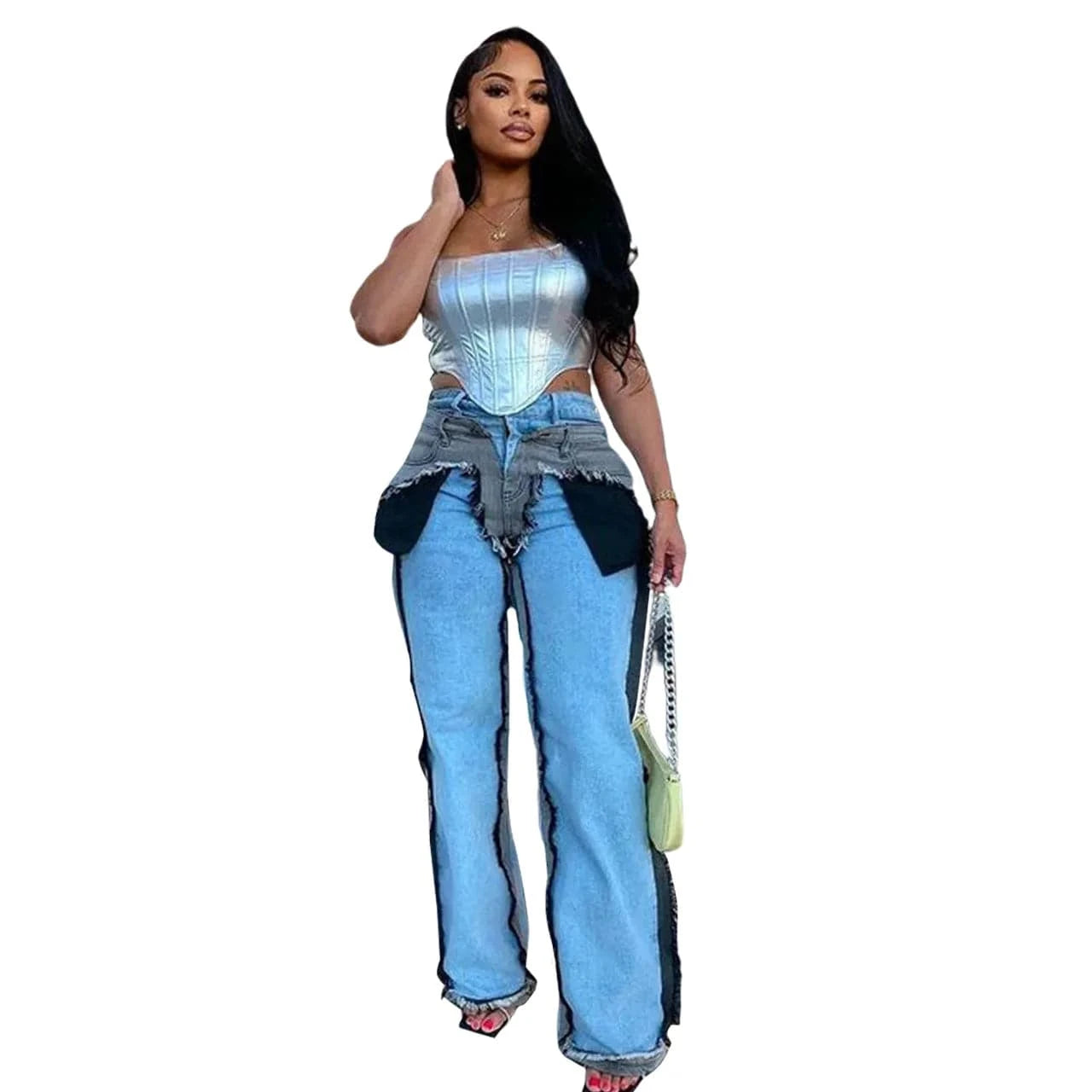 Bomblook ASPT26 Big Pocket Patchwork Jeans Pants For Women Denim Cargo Pants Women Y2K Pants