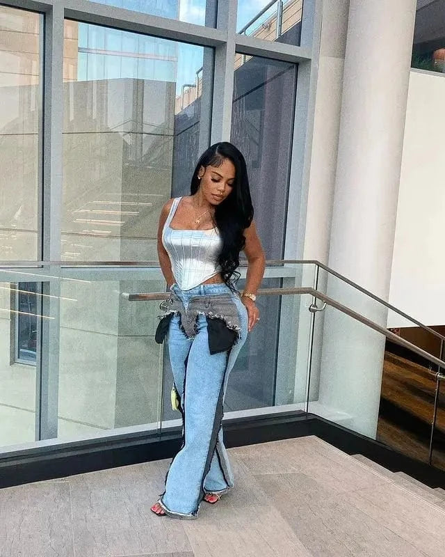 Bomblook ASPT26 Big Pocket Patchwork Jeans Pants For Women Denim Cargo Pants Women Y2K Pants