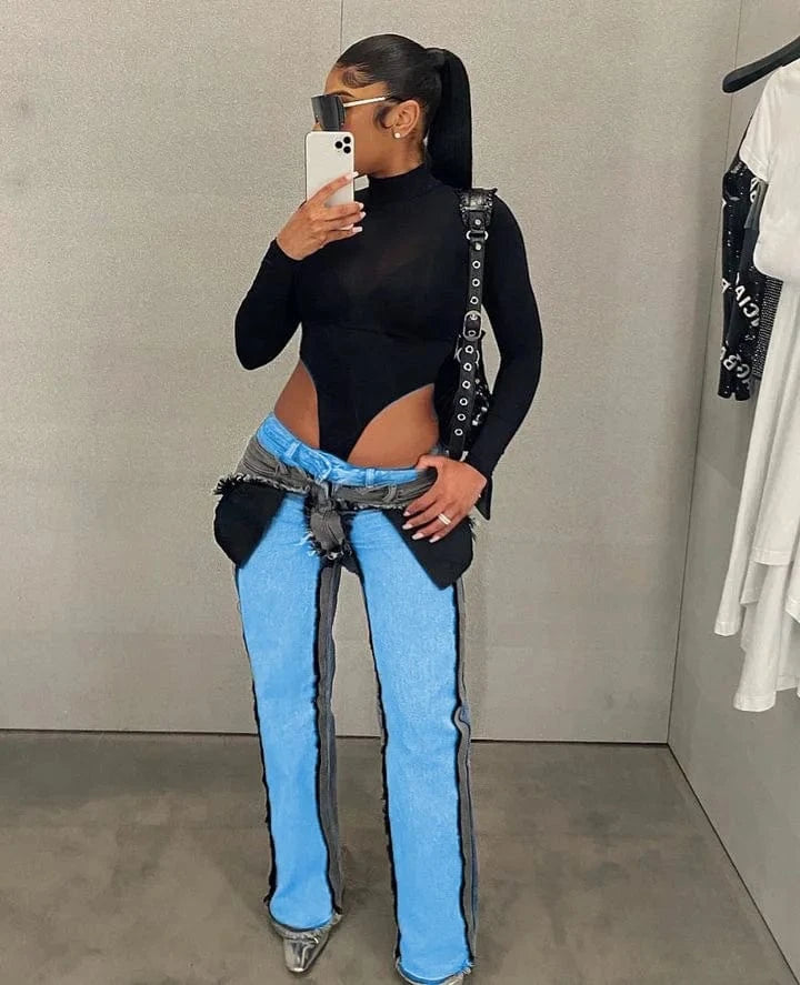 Bomblook ASPT26 Big Pocket Patchwork Jeans Pants For Women Denim Cargo Pants Women Y2K Pants