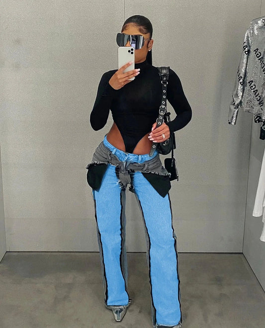 Bomblook ASPT26 Big Pocket Patchwork Jeans Pants For Women Denim Cargo Pants Women Y2K Pants