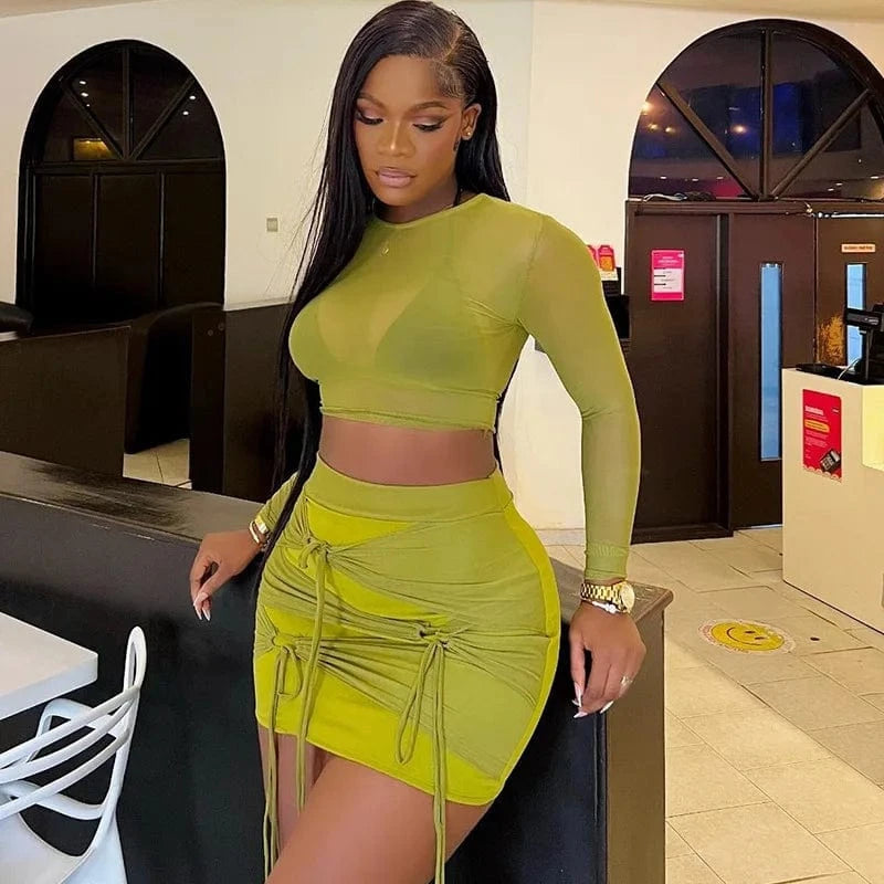 Bomblook ASST149 Mesh Knot Two Piece Set Skirt And Top 2 Piece Set Fall 2023 Women Clothes