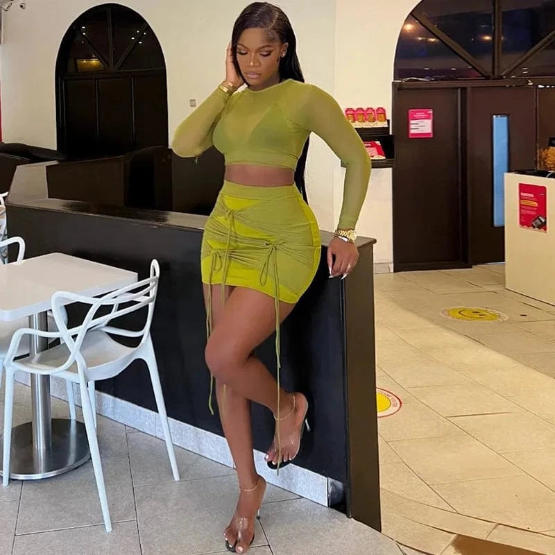 Bomblook ASST149 Mesh Knot Two Piece Set Skirt And Top 2 Piece Set Fall 2023 Women Clothes