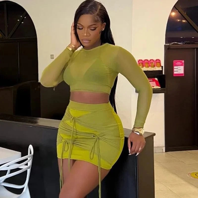 Bomblook ASST149 Mesh Knot Two Piece Set Skirt And Top 2 Piece Set Fall 2023 Women Clothes