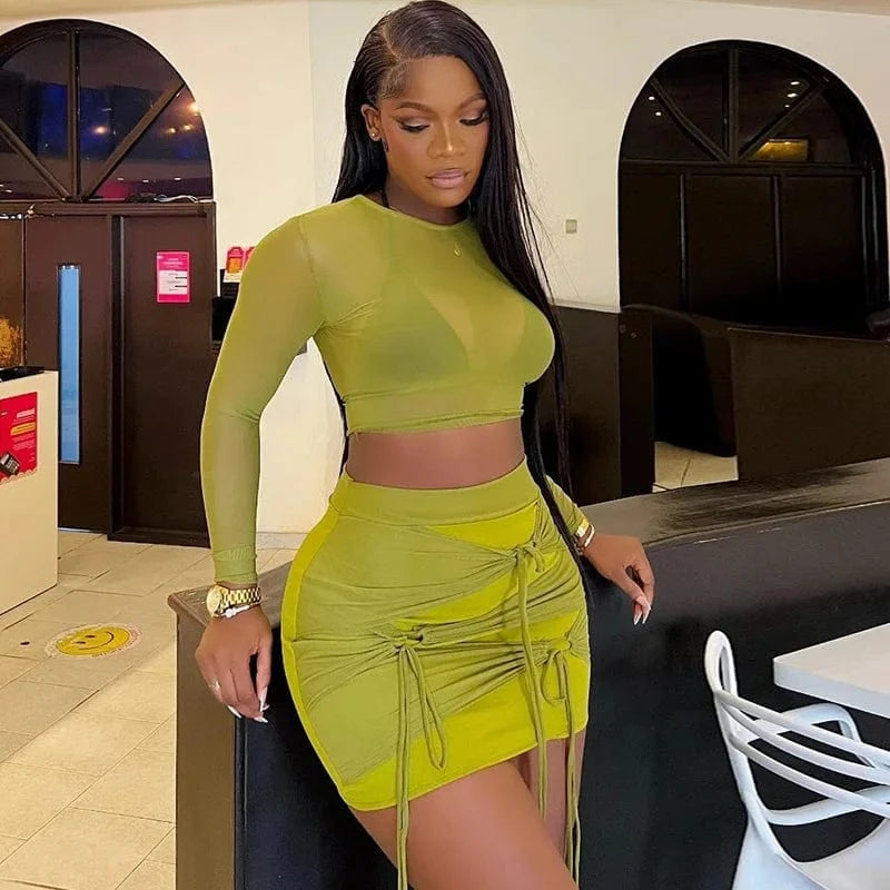 Bomblook ASST149 Mesh Knot Two Piece Set Skirt And Top 2 Piece Set Fall 2023 Women Clothes