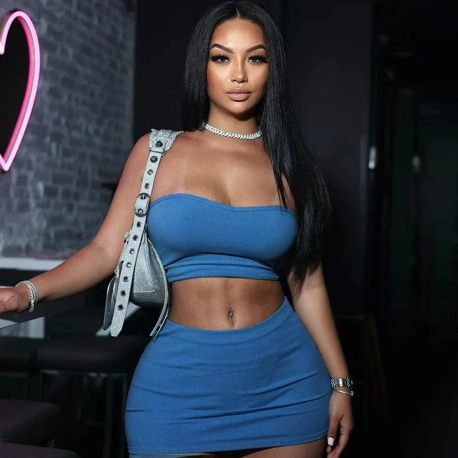 Bomblook ASST255 Solid Color Strapless Wrap Two Piece Skirt Set 2 Piece Skirt Sets Casual Wear
