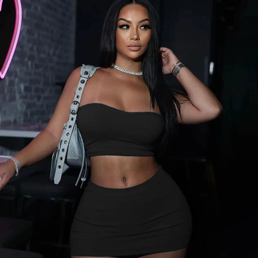 Bomblook ASST255 Solid Color Strapless Wrap Two Piece Skirt Set 2 Piece Skirt Sets Casual Wear