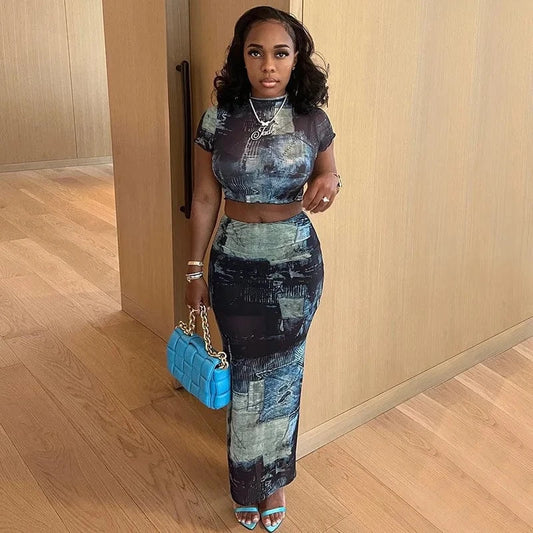Bomblook ASST73 Print Long Skirt Crop Top 2 Piece Set Women Set Skirt Sets